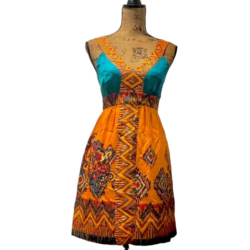 RARE!!! - Phoebe Couture Silk Orange Multicolored Sleeveless Print Dress Size 2